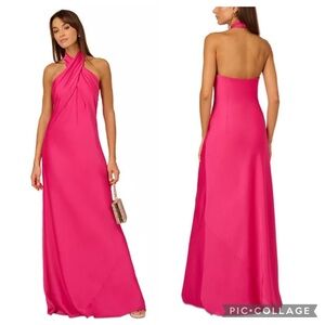 Adrianna Papell Stretch Satin Halter Gown Hot Pink 10